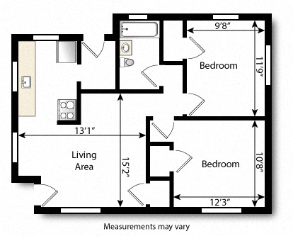 Floor plan for 2 beds, 1 bath, 650 sqft